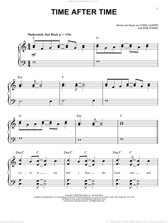 Time After Time, (beginner) sheet music for piano solo by Cyndi Lauper and Rob Hyman, beginner skill level