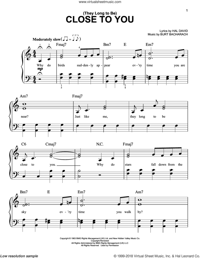 (They Long To Be) Close To You, (beginner) sheet music for piano solo by Carpenters, Burt Bacharach and Hal David, beginner skill level