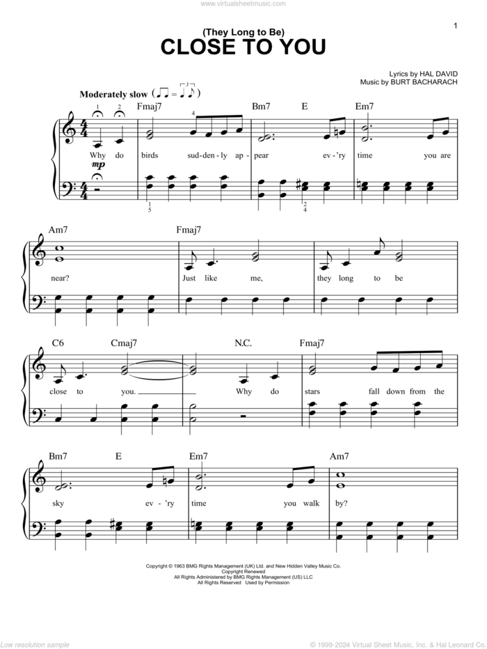 (They Long To Be) Close To You, (beginner) sheet music for piano solo by Carpenters, Burt Bacharach and Hal David, beginner skill level