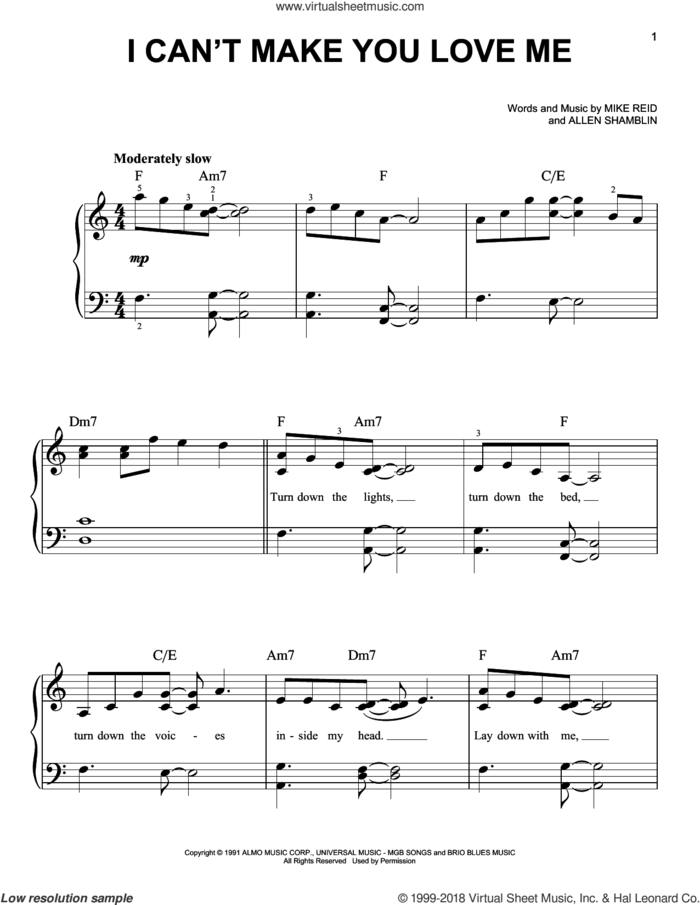 I Can't Make You Love Me sheet music for piano solo by Bonnie Raitt, Allen Shamblin and Mike Reid, beginner skill level