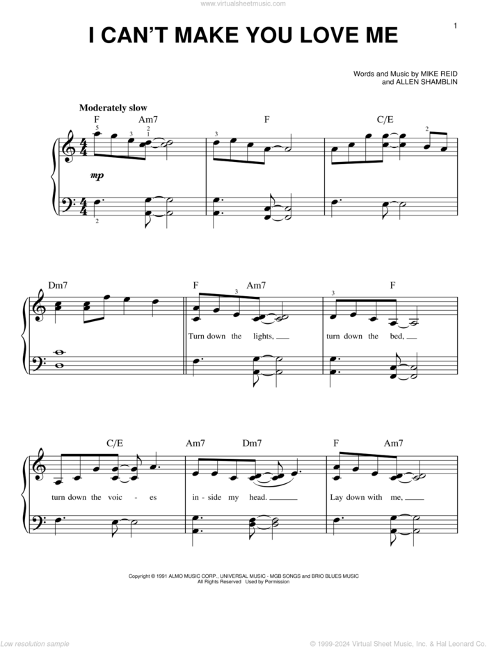 I Can't Make You Love Me sheet music for piano solo by Bonnie Raitt, Allen Shamblin and Mike Reid, beginner skill level