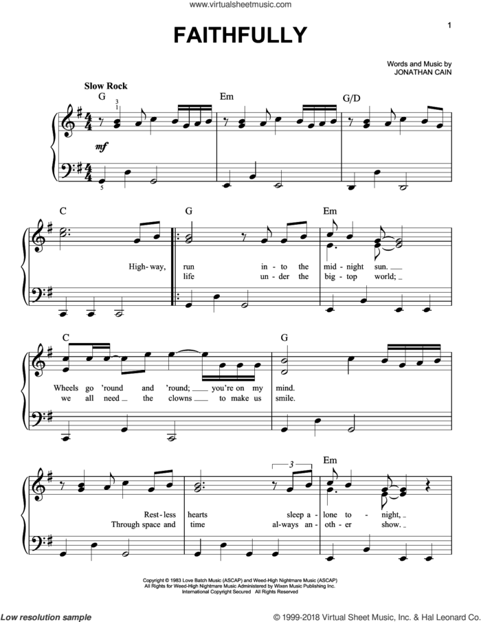 Faithfully, (beginner) sheet music for piano solo by Journey and Jonathan Cain, beginner skill level