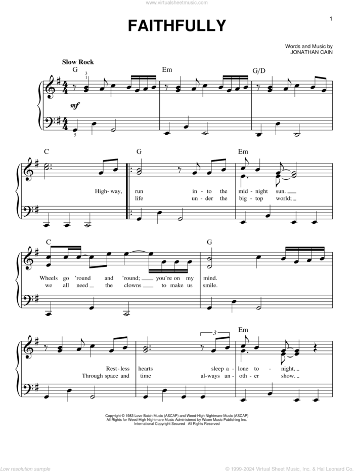 Faithfully, (beginner) sheet music for piano solo by Journey and Jonathan Cain, beginner skill level