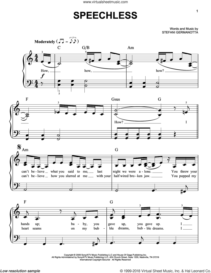 Speechless sheet music for piano solo by Lady Gaga, beginner skill level