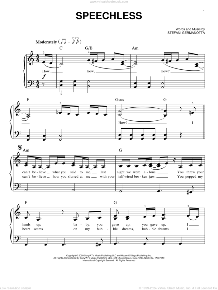 Speechless sheet music for piano solo by Lady Gaga, beginner skill level