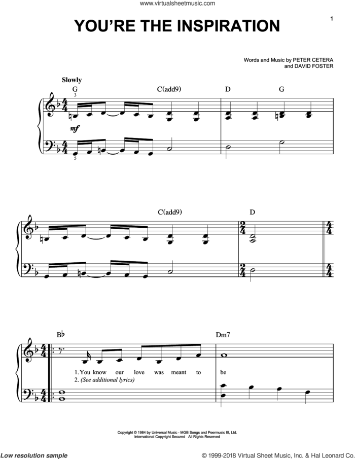 You're The Inspiration sheet music for piano solo by Chicago, David Foster and Peter Cetera, beginner skill level