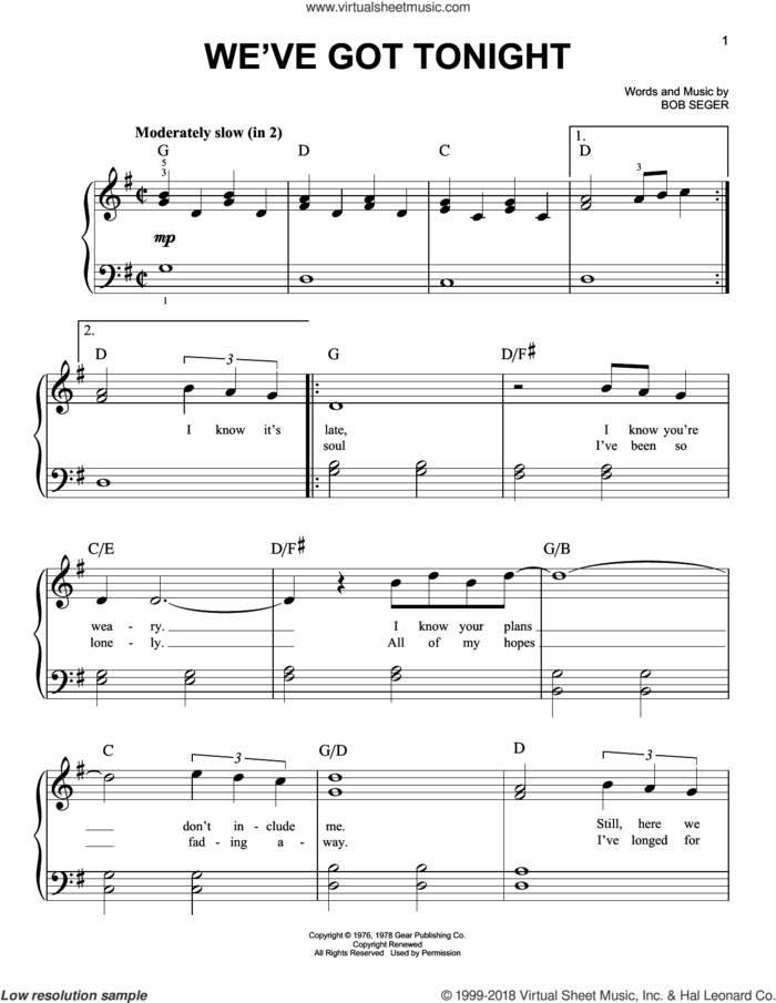 We've Got Tonight sheet music for piano solo by Bob Seger and Phillip Phillips, beginner skill level