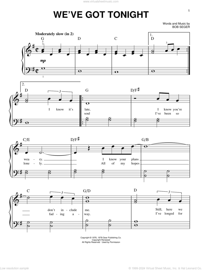 We've Got Tonight sheet music for piano solo by Bob Seger and Phillip Phillips, beginner skill level