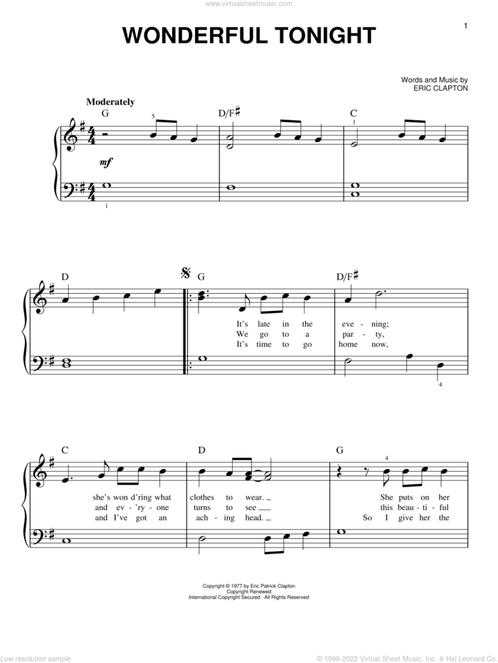 Wonderful Tonight, (beginner) sheet music for piano solo by Eric Clapton, wedding score, beginner skill level