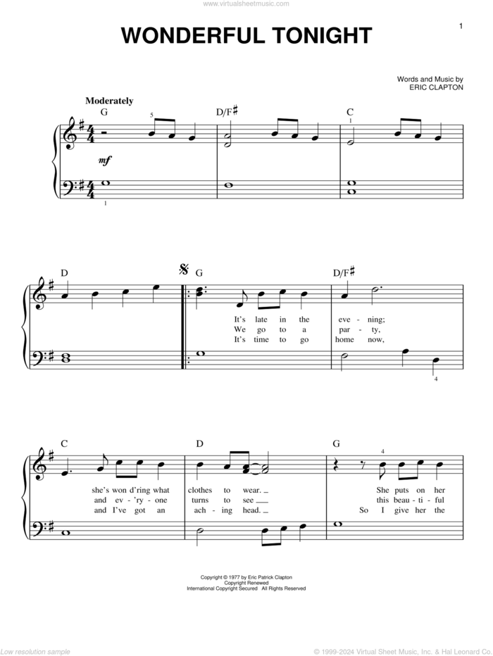 Wonderful Tonight, (beginner) sheet music for piano solo by Eric Clapton, wedding score, beginner skill level