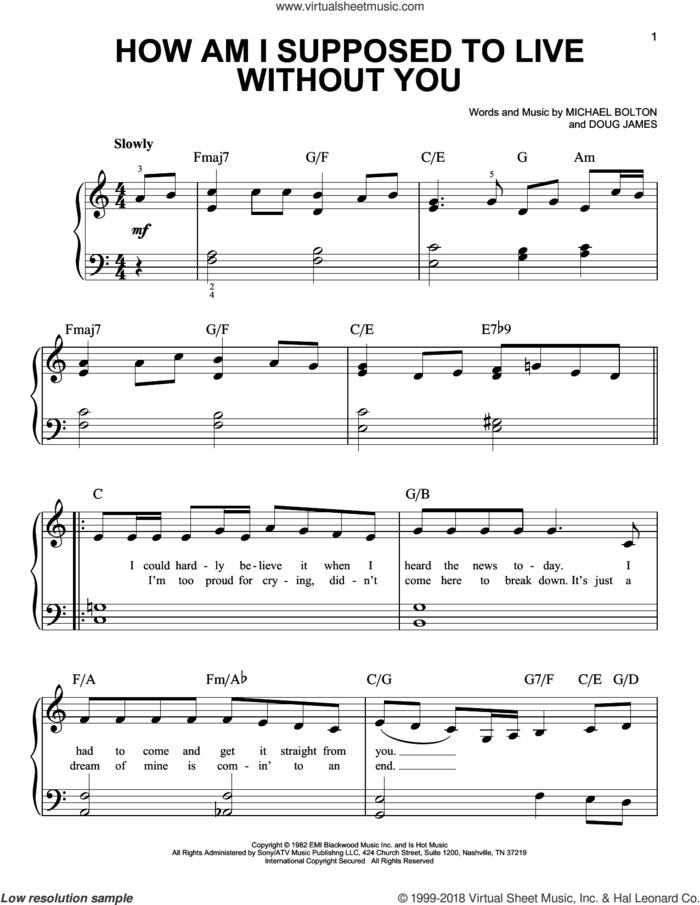 How Am I Supposed To Live Without You, (beginner) sheet music for piano solo by Michael Bolton and Doug James, beginner skill level