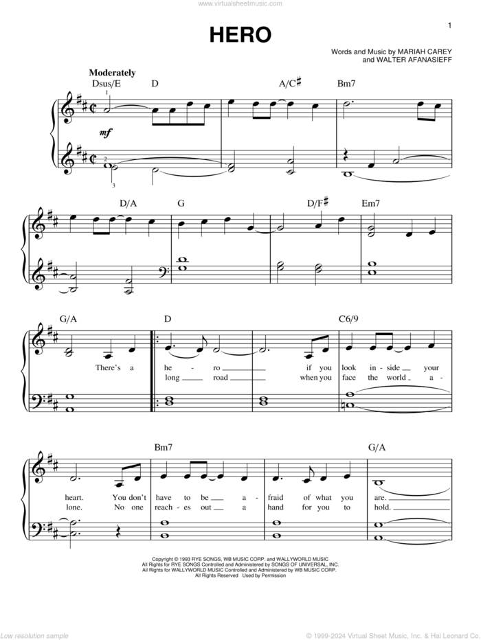 Hero, (beginner) sheet music for piano solo by Mariah Carey and Walter Afanasieff, wedding score, beginner skill level