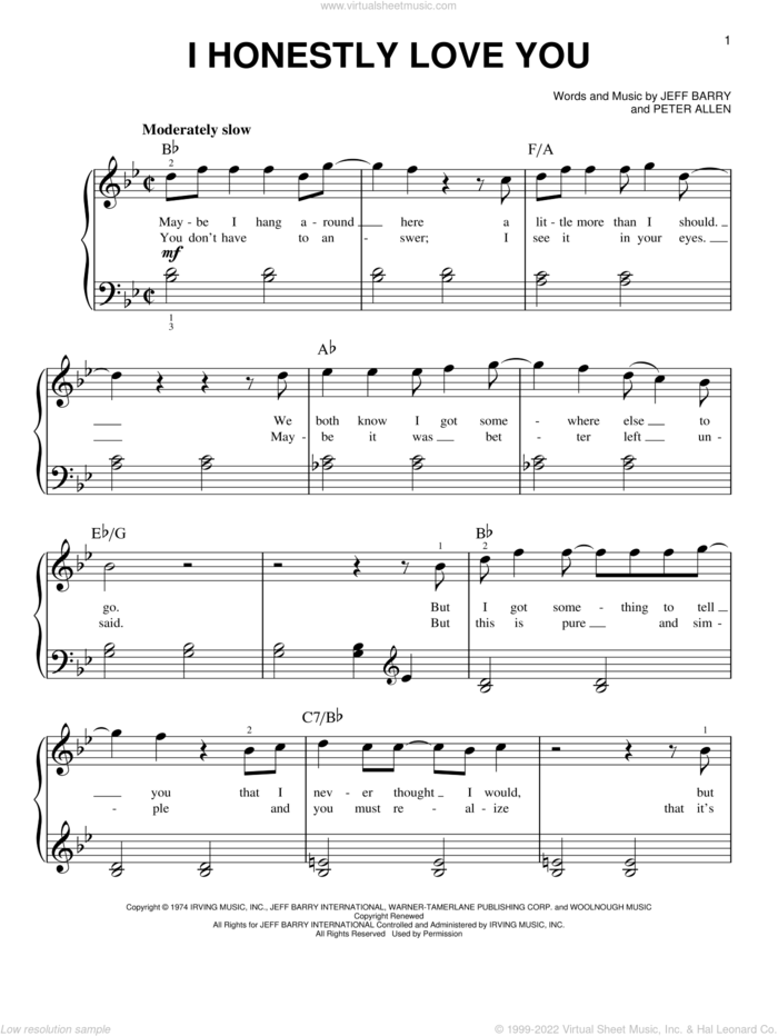 I Honestly Love You (from The Boy From Oz), (beginner) sheet music for piano solo by Olivia Newton-John, Jeff Barry and Peter Allen, beginner skill level