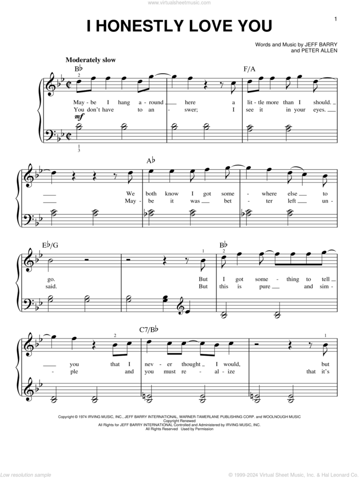 I Honestly Love You (from The Boy From Oz), (beginner) sheet music for piano solo by Olivia Newton-John, Jeff Barry and Peter Allen, beginner skill level