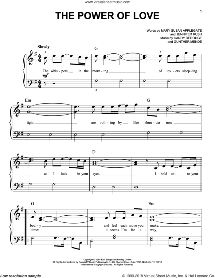 The Power Of Love, (beginner) sheet music for piano solo by Celine Dion, Candy Derouge, Gunther Mende, Jennifer Rush and Mary Susan Applegate, beginner skill level