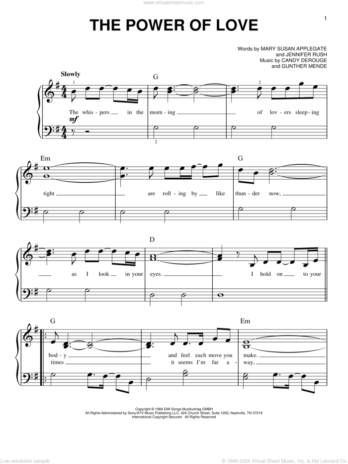 The Power Of Love, (beginner) sheet music for piano solo by Celine Dion, Candy Derouge, Gunther Mende, Jennifer Rush and Mary Susan Applegate, beginner skill level