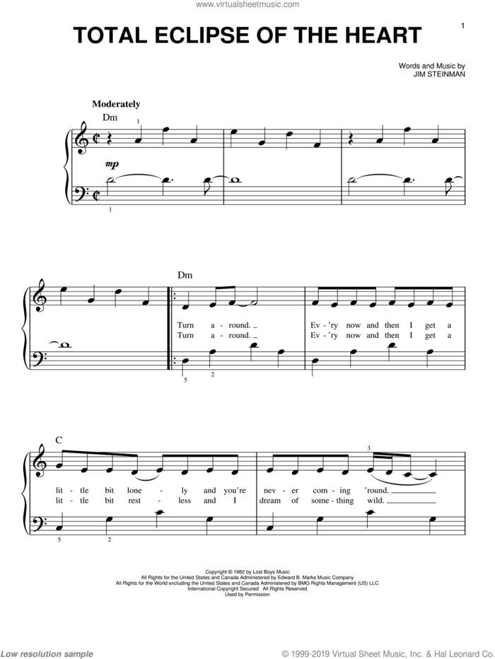 Total Eclipse Of The Heart, (beginner) sheet music for piano solo by Bonnie Tyler and Jim Steinman, beginner skill level