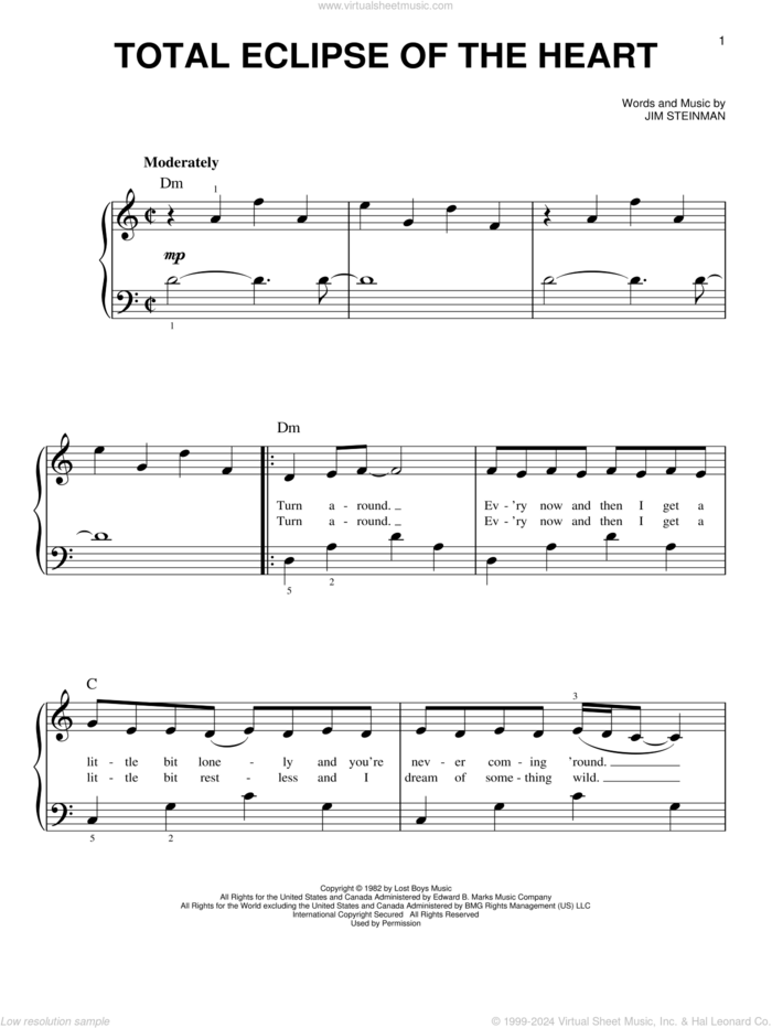 Total Eclipse Of The Heart, (beginner) sheet music for piano solo by Bonnie Tyler and Jim Steinman, beginner skill level