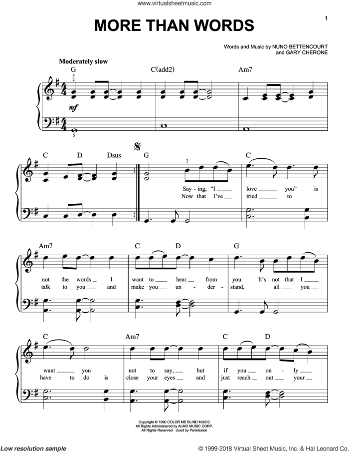 More Than Words, (beginner) sheet music for piano solo by Extreme, Gary Cherone and Nuno Bettencourt, beginner skill level