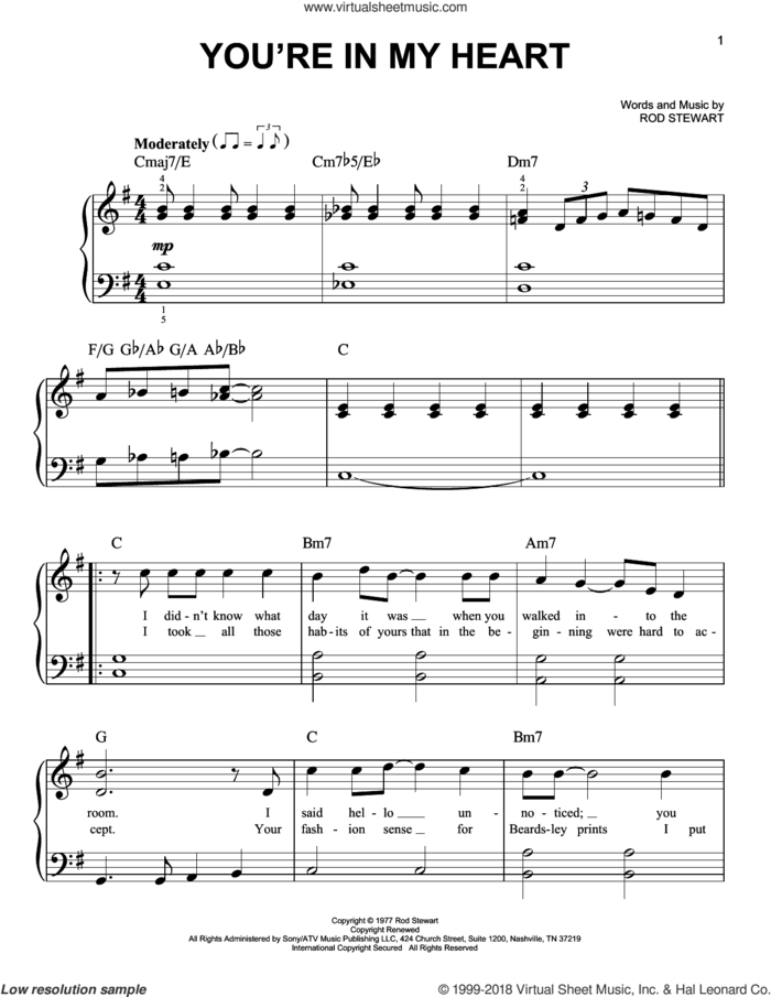 You're In My Heart sheet music for piano solo by Rod Stewart, beginner skill level