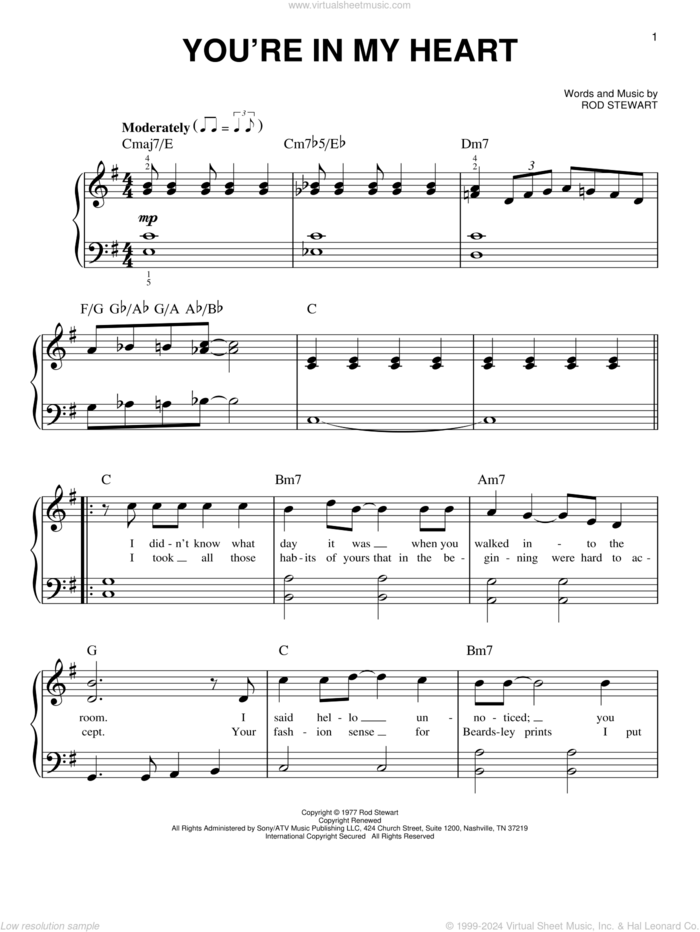 You're In My Heart sheet music for piano solo by Rod Stewart, beginner skill level