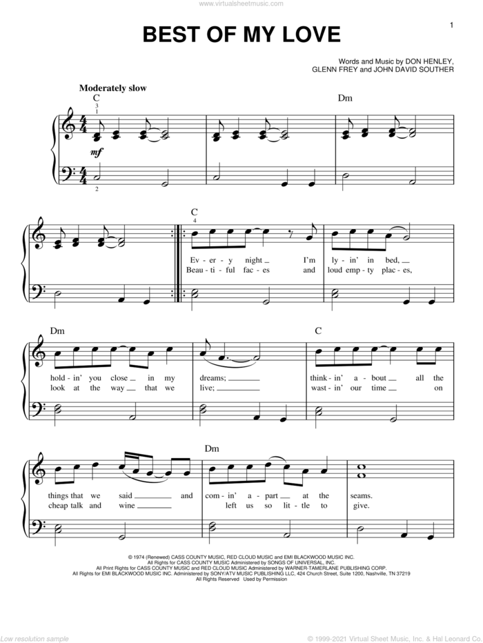 Best Of My Love, (beginner) sheet music for piano solo by Don Henley, The Eagles, Glenn Frey and John David Souther, beginner skill level