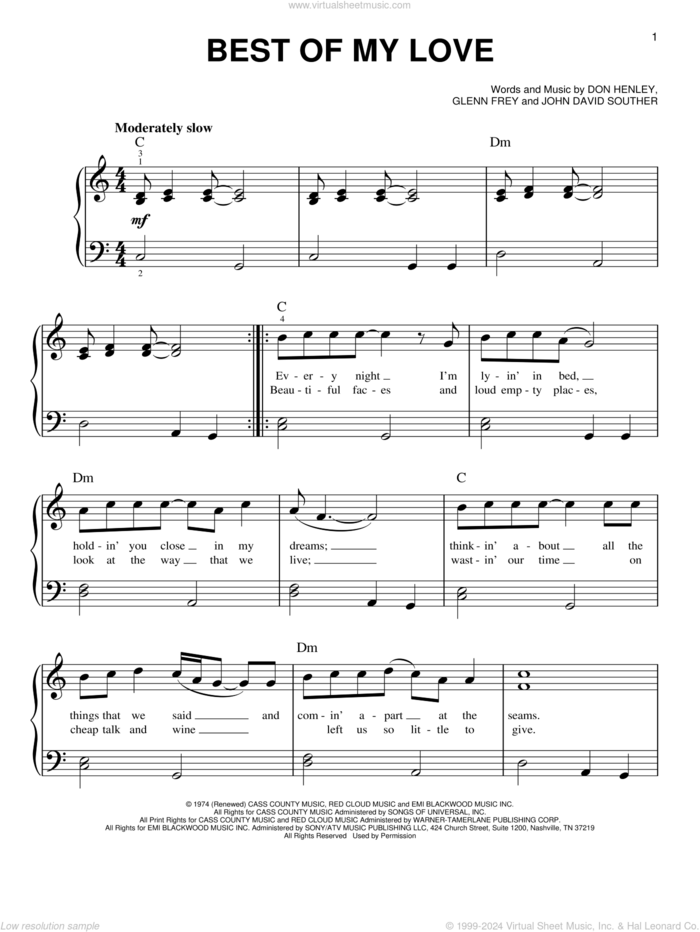 Best Of My Love, (beginner) sheet music for piano solo by Don Henley, The Eagles, Glenn Frey and John David Souther, beginner skill level