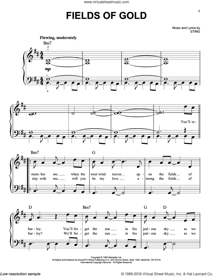 Fields Of Gold sheet music for piano solo by Sting, beginner skill level
