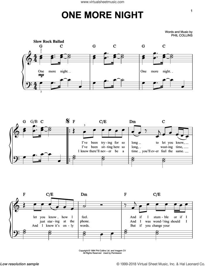 One More Night sheet music for piano solo by Phil Collins, beginner skill level
