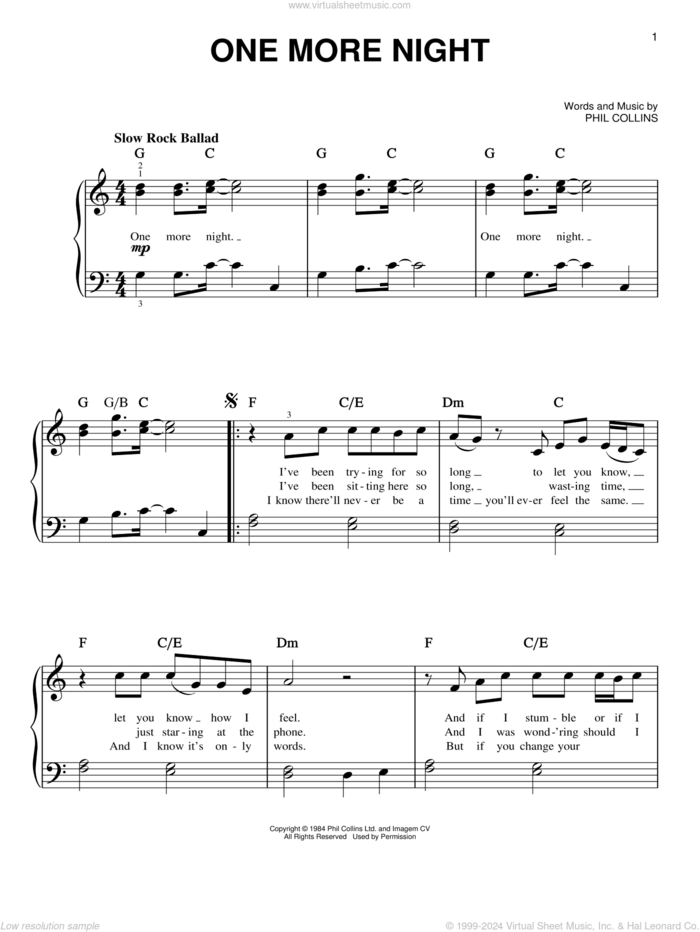 One More Night sheet music for piano solo by Phil Collins, beginner skill level