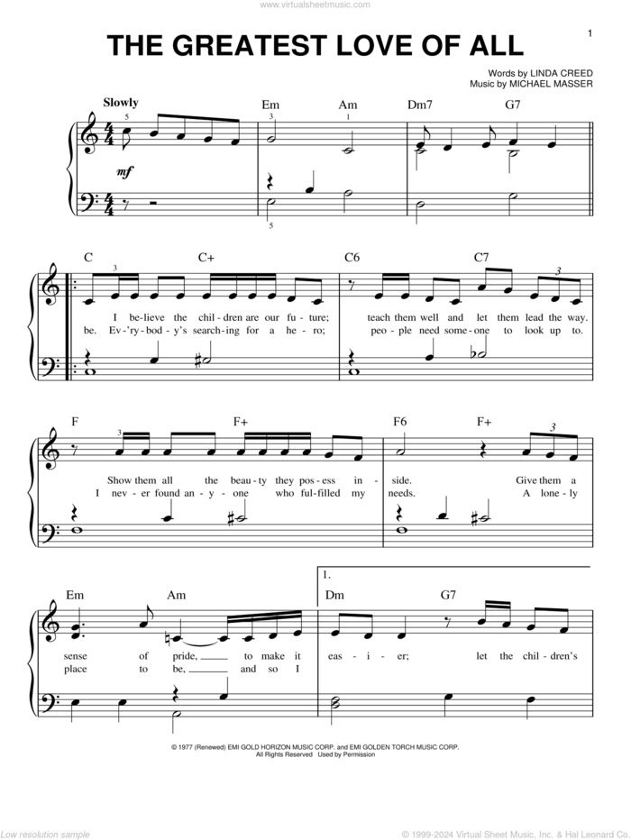 The Greatest Love Of All, (beginner) sheet music for piano solo by Whitney Houston, Linda Creed and Michael Masser, beginner skill level