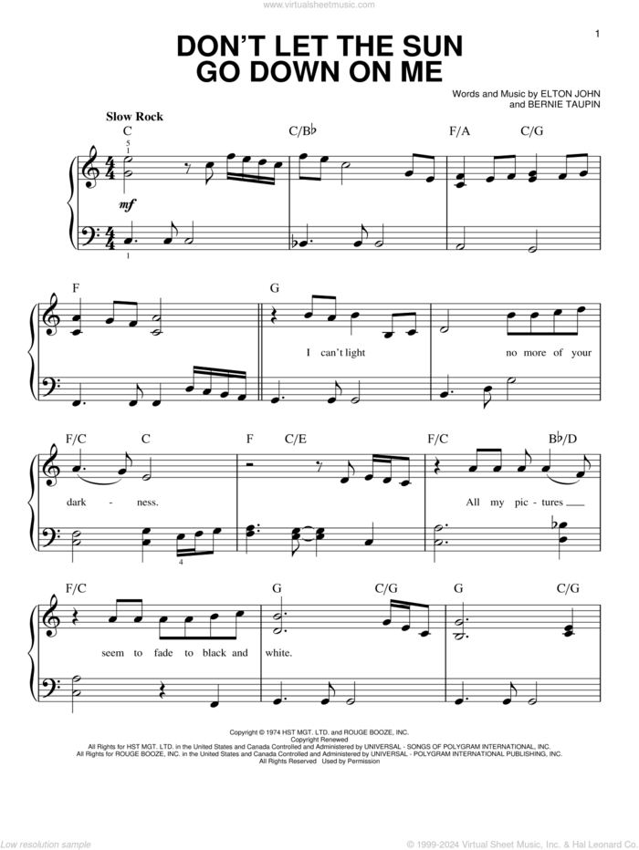 Don't Let The Sun Go Down On Me sheet music for piano solo by Elton John & George Michael, Bernie Taupin and Elton John, beginner skill level