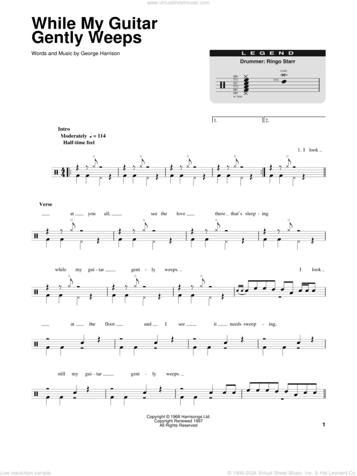 While My Guitar Gently Weeps sheet music for drums by The Beatles and George Harrison, intermediate skill level