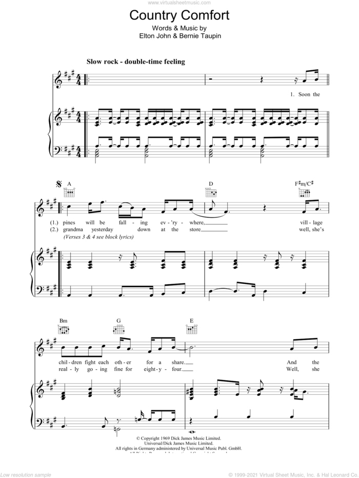 Country Comfort sheet music for voice, piano or guitar by Elton John and Bernie Taupin, intermediate skill level