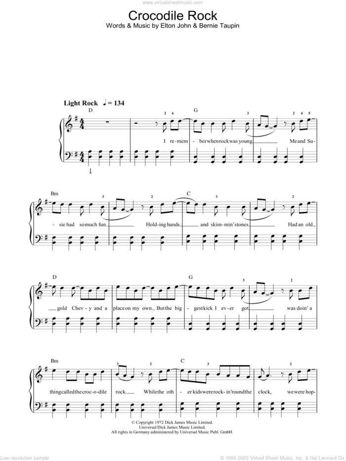 Crocodile Rock, (easy) sheet music for piano solo by Elton John and Bernie Taupin, easy skill level