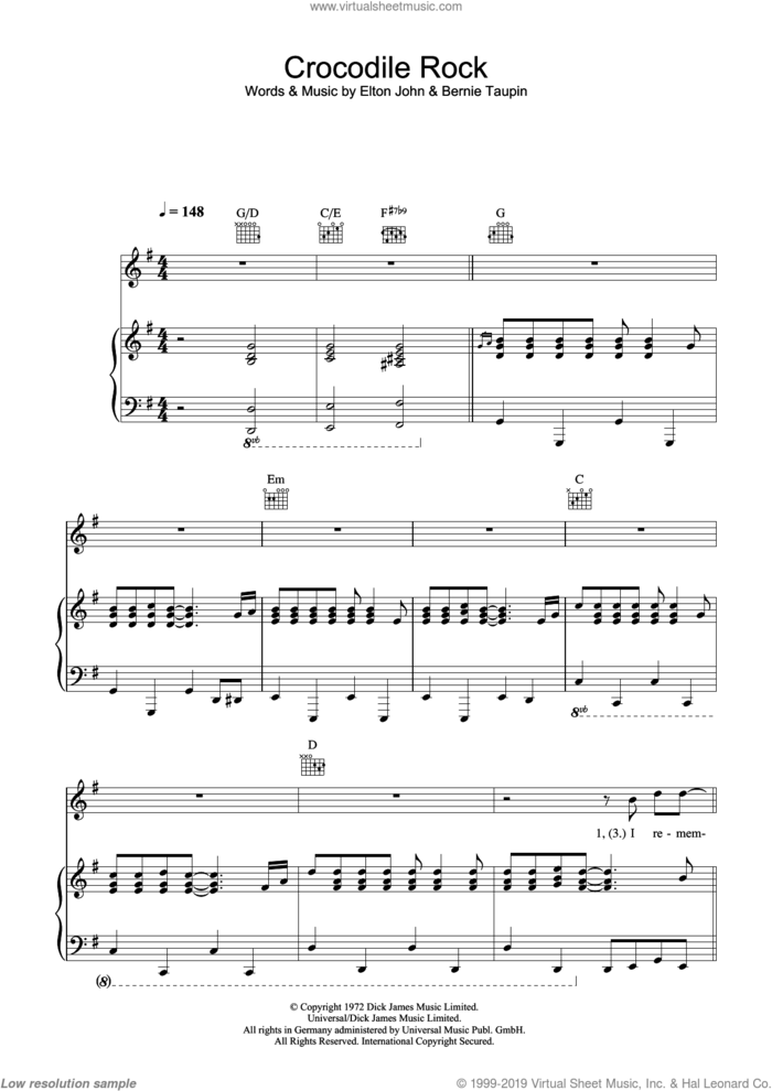 Crocodile Rock sheet music for voice, piano or guitar by Elton John and Bernie Taupin, intermediate skill level
