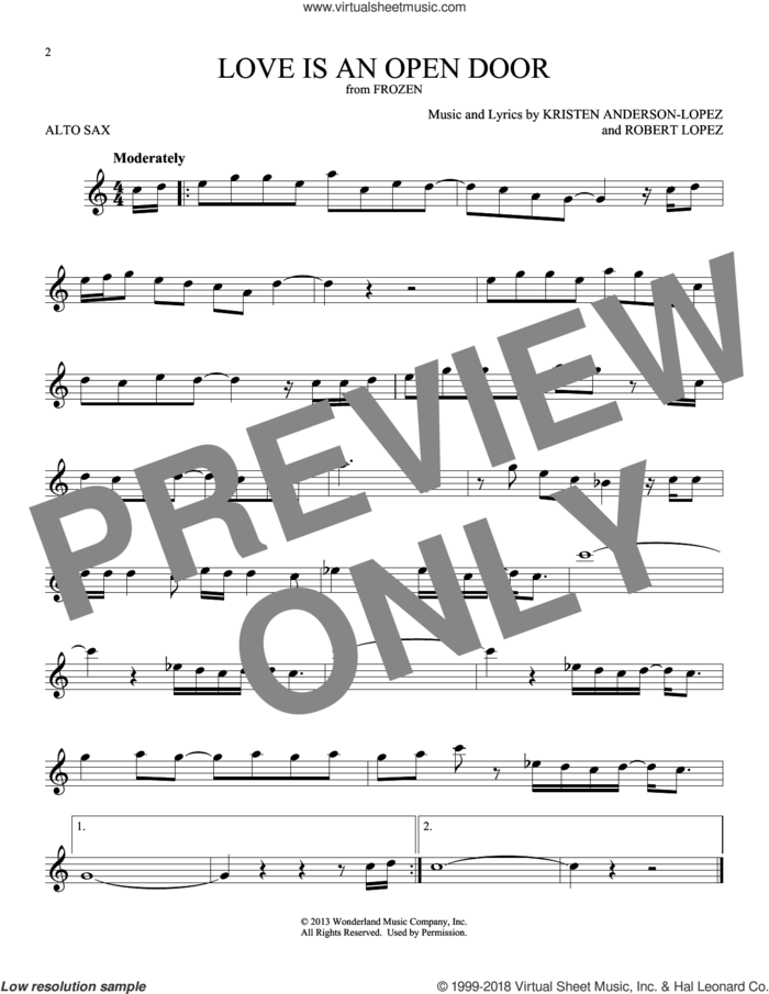 Love Is An Open Door (from Frozen) sheet music for alto saxophone solo by Kristen Bell & Santino Fontana, Kristen Anderson-Lopez and Robert Lopez, intermediate skill level