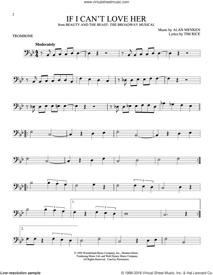 If I Can't Love Her (from Beauty And The Beast: The Musical) sheet music for trombone solo by Tim Rice, Alan Menken and Alan Menken & Tim Rice, intermediate skill level