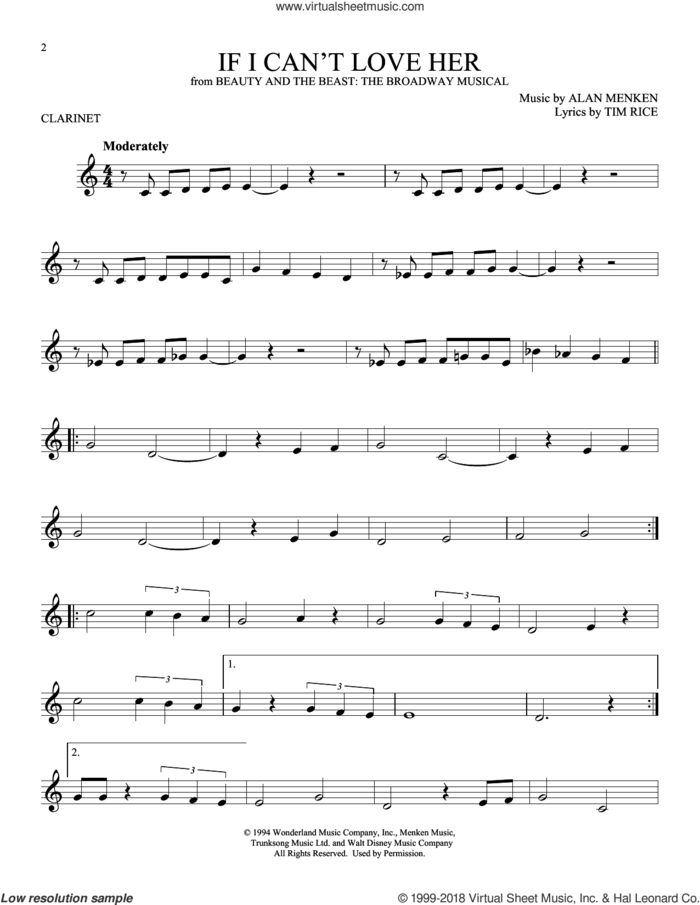 If I Can't Love Her (from Beauty And The Beast: The Musical) sheet music for clarinet solo by Tim Rice, Alan Menken and Alan Menken & Tim Rice, intermediate skill level