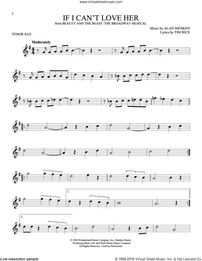 If I Can't Love Her (from Beauty And The Beast: The Musical) sheet music for tenor saxophone solo by Tim Rice, Alan Menken and Alan Menken & Tim Rice, intermediate skill level