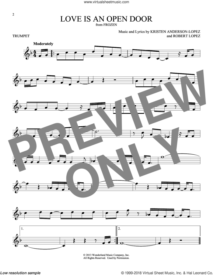 Love Is An Open Door (from Frozen) sheet music for trumpet solo by Kristen Bell & Santino Fontana, Kristen Anderson-Lopez and Robert Lopez, intermediate skill level