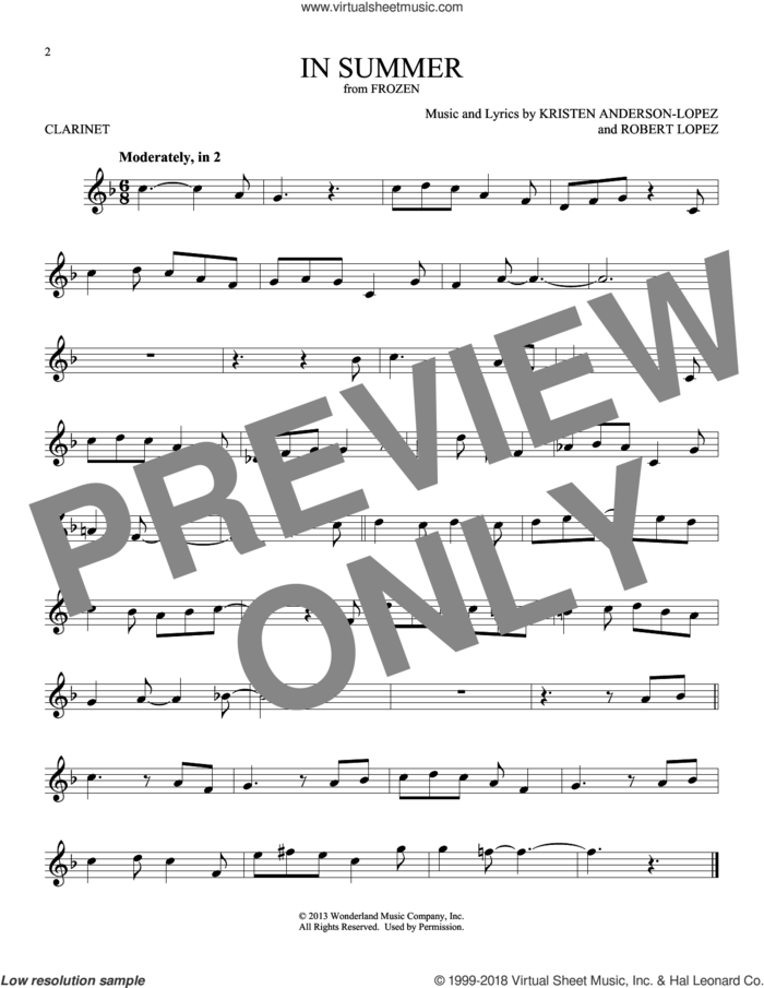 In Summer (from Frozen) sheet music for clarinet solo by Kristen Anderson-Lopez, Josh Gad and Robert Lopez, intermediate skill level