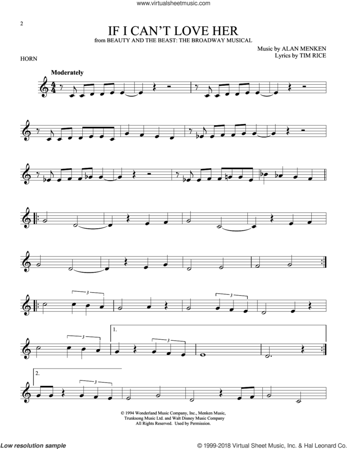 If I Can't Love Her (from Beauty And The Beast: The Musical) sheet music for horn solo by Tim Rice, Alan Menken and Alan Menken & Tim Rice, intermediate skill level