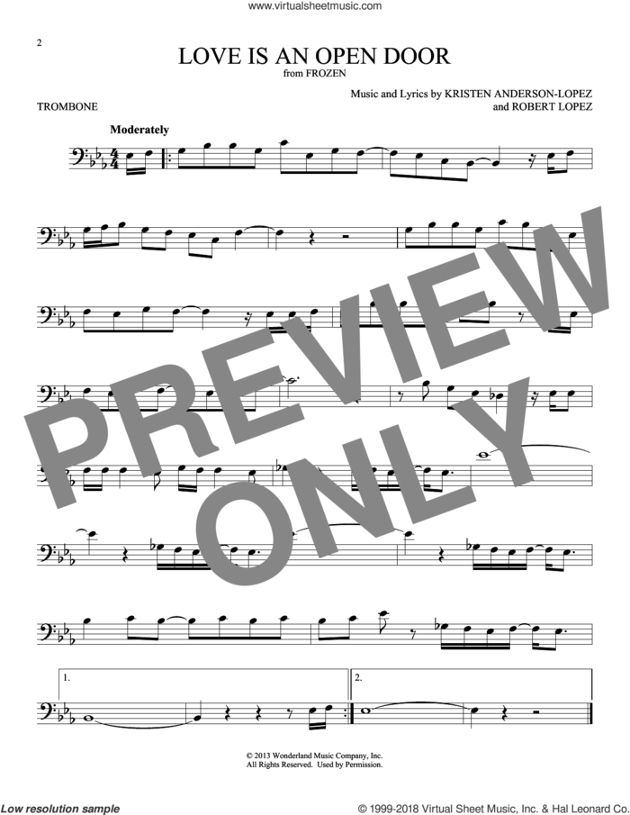 Love Is An Open Door (from Frozen) sheet music for trombone solo by Kristen Bell & Santino Fontana, Kristen Anderson-Lopez and Robert Lopez, intermediate skill level
