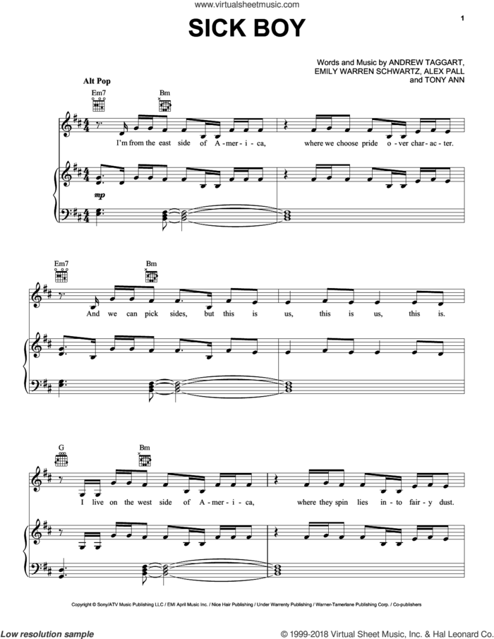 Sick Boy sheet music for voice, piano or guitar by Chainsmokers, Alex Pall, Andrew Taggart, Emily Warren Schwartz and Tony Ann, intermediate skill level