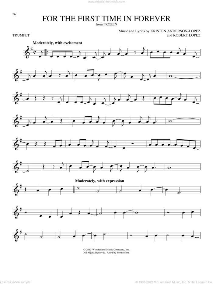 For The First Time In Forever (from Frozen) sheet music for trumpet solo by Kristen Bell, Idina Menzel, Kristen Anderson-Lopez and Robert Lopez, intermediate skill level