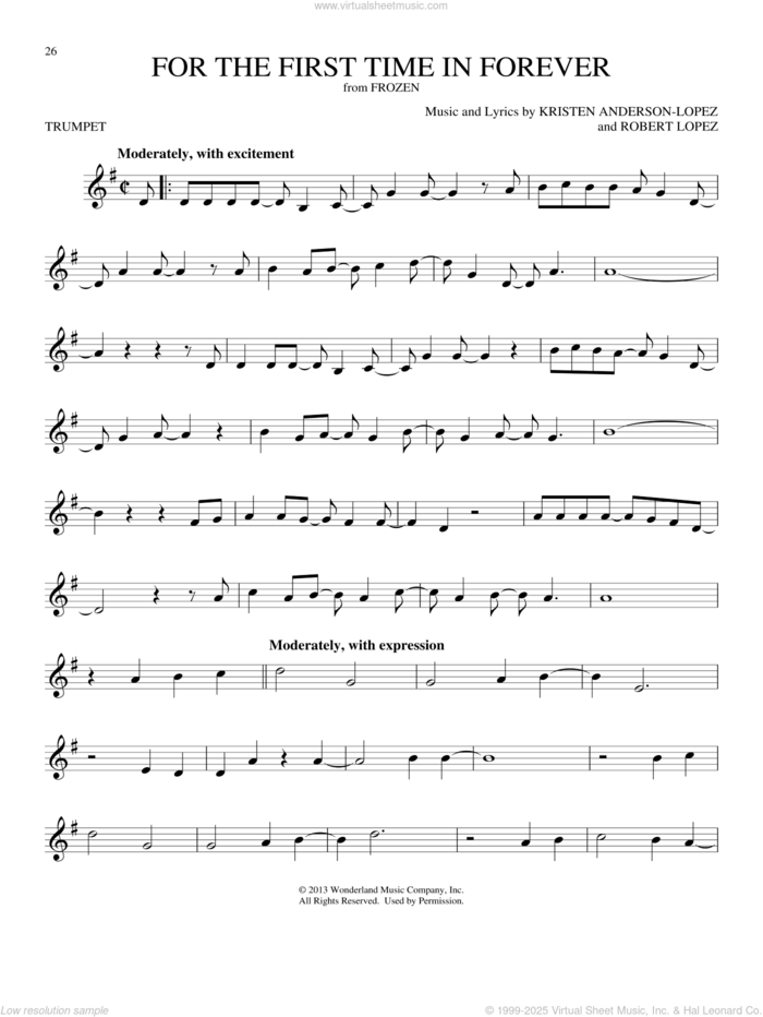 For The First Time In Forever (from Frozen) sheet music for trumpet solo by Kristen Bell, Idina Menzel, Kristen Anderson-Lopez and Robert Lopez, intermediate skill level