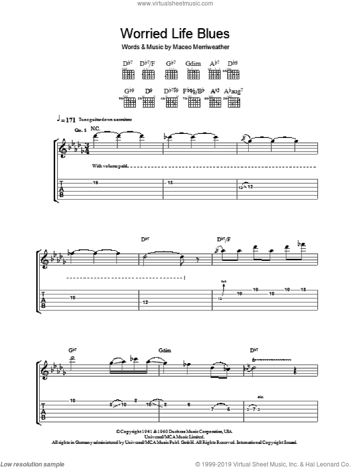 Worried Life Blues sheet music for guitar (tablature) by Robben Ford and Maceo Merriweather, intermediate skill level