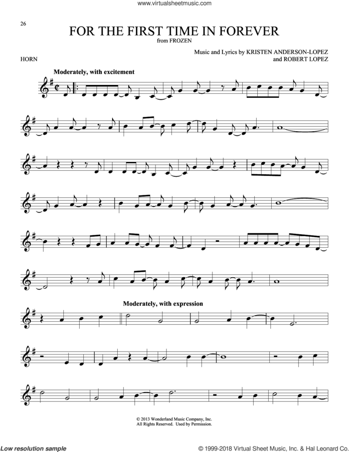 For The First Time In Forever (from Frozen) sheet music for horn solo by Kristen Bell, Idina Menzel, Kristen Anderson-Lopez and Robert Lopez, intermediate skill level