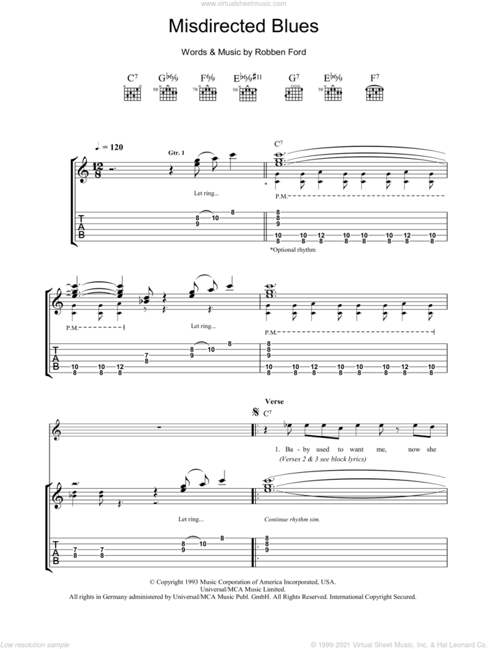 Misdirected Blues sheet music for guitar (tablature) by Robben Ford, intermediate skill level